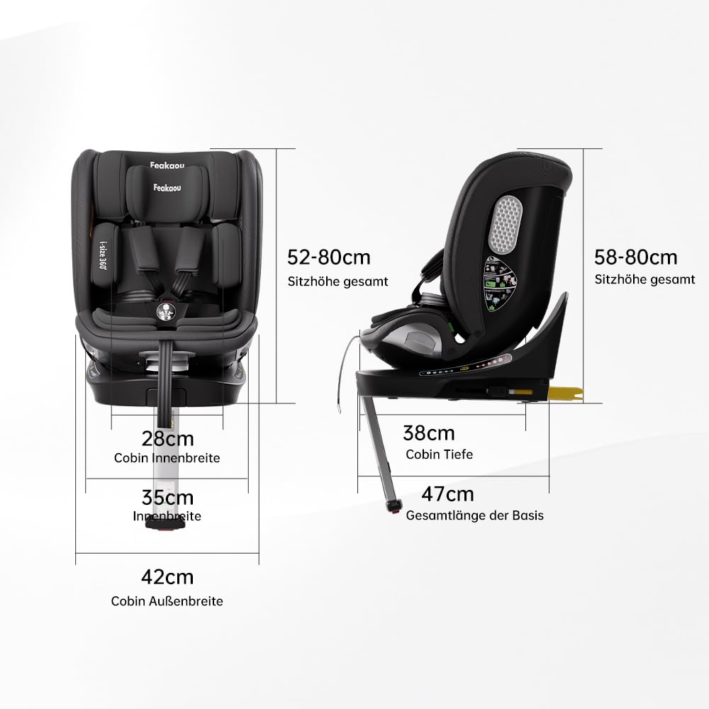 Kindersitz Reboarder 360 Drehbar mit Isofix i-Size 0–12 Jahre 40–150 cm FWF RWF Verstellbare Kopfstütze Rückenlehne Liegeposition Getränkehalter Schwarz