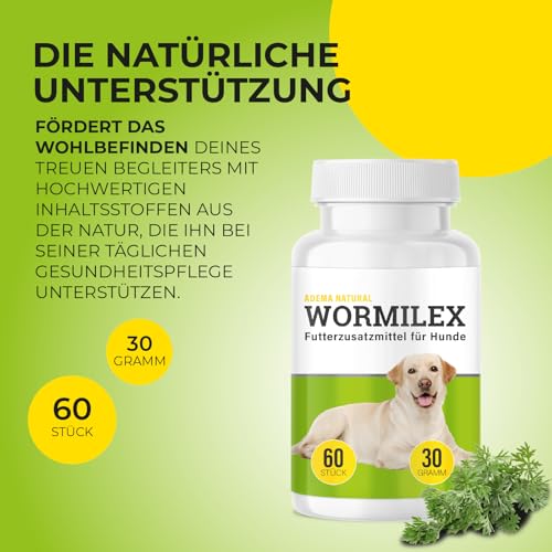ADEMA NATURAL® Wormilex - Wurmkur sekundierend für Hunde - Wurmmittel sekundierende Tabletten - Pflanzliche Rezeptur ohne Zusätze - Futterzusatzmittel Hund