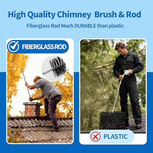 Image of 6 Inch Chimney Brush and 18 Ft Fiberglass Chimney Rod Kit for Hearth Fireplace, for Straight Chimney Pipes and Flue, 1 /4 inch NPT Fittings