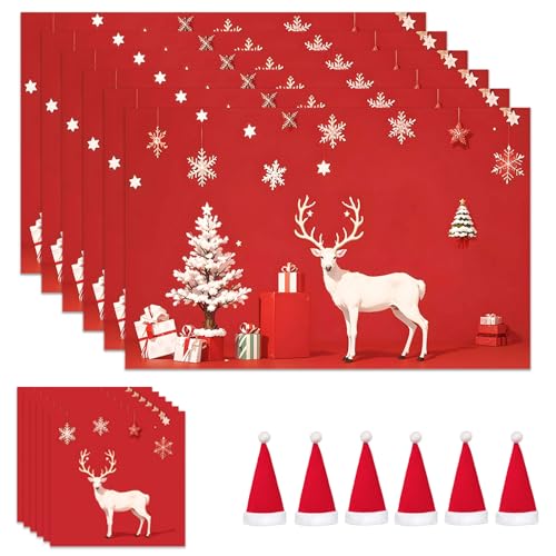 Christmas Table Decoration - 18Pcs Placemats, Coasters, Cutlery Set - Washable Heat Proof Table Mats for Home