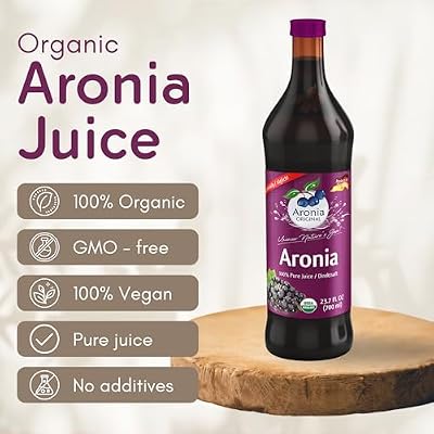 Aronia Original Organic Aronia Berry Juice 23.7 Fl Oz - 100% Pure Chokeberry Juice, Not from Concentrate, Amber Glass Bottle - No Additives, Vegan & Non-GMO