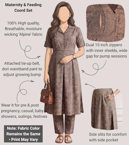 Image of DUMMY SHAPE Feeding Dresses for Women Full Set | Cotton Blend Maternity Kurta Pant Suit with Dual Nursing Zippers, Side Pocket to Pre & Post Pregnancy | Mom to Be Gifts