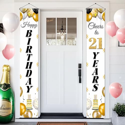 BlissYard 2pcs Happy 21st Birthday Door Banner 21 Year Old Birthday Porch Sign Door Decorations Balloon Cake Cheers to 21 Years for Decor Party Supplies Outdoor Indoor