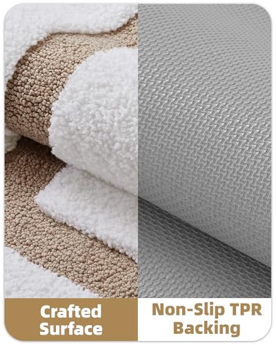 Image of Color&Geometry Extra Soft Absorbent Microfiber Bath Rugs, Non-Slip Bathroom mat, Small Washable Plush Bath Mats for Bathroom, Shower, Tub, Laundry, 17x30, White and Khaki