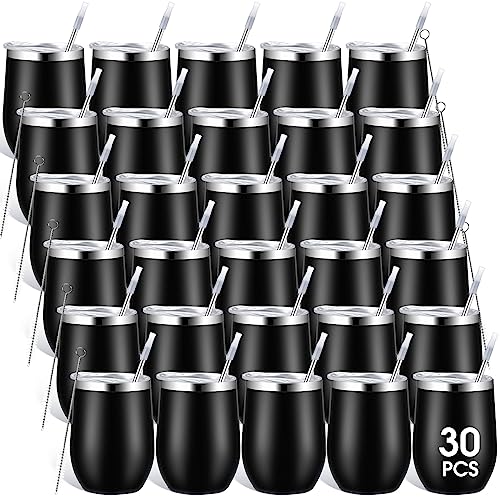 30 Pieces 12 Oz Stainless Steel Wine Tumbler Bulk Double Wall Vacuum Insulated Wine Glasses With Lids And Straws Travel Mugs Coffee Tumbler Cups For Wedding Birthday Party Favor Gifts (Black) #TOP12