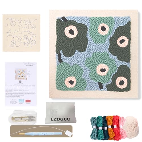 Image of Embroidery Punch Needle Kit Frame, Punch Needle Kits Adults Beginner, Embroidery Starter Kit, Punch Needle Tool with 9.8x9.8 in Punch Needle Fabric with Pattern, Threader, Yarns, Pinch Needle (Green)