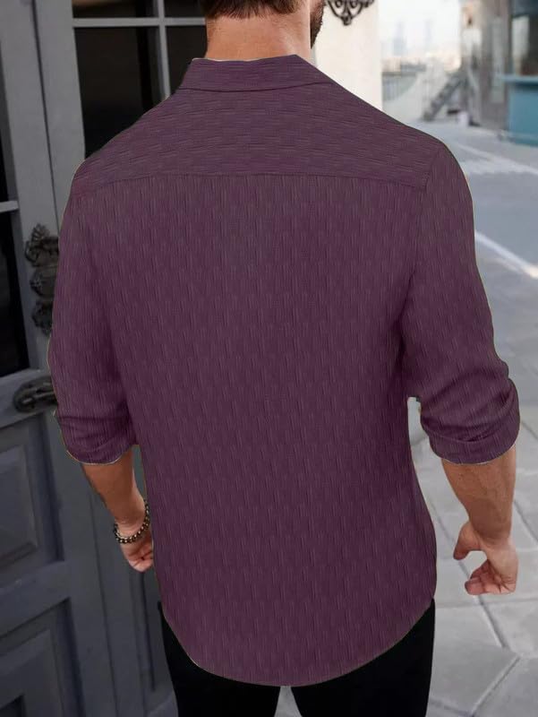 Image of DEELMO Men's Regular Fit Button Down Dress Shirts Textured Long Sleeve Casual Hawaiian Shirt