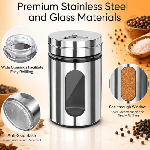 Image of Stainless Steel & Glass Salt Pepper Shaker Spice Jars with Stand for Oregano, Chilli Flakes, Sugar, Seasoning Sprinkler | Dining Table Masala with Stand (Set of 2)