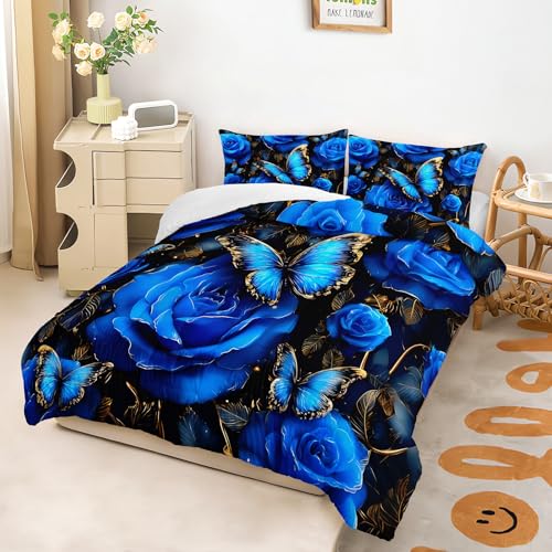 Image of AILONEN Blue Roses Comforter Set Queen Size,Butterfly Flower Bedding Set 3Pcs,Bedroom Decor for Girls Women,Luxury Rose Floral Quilt with 2 Pillowcases
