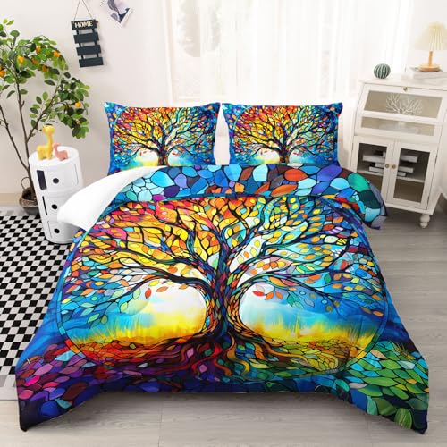 Image of AILONEN Colorful Tree of Life Comforter Set Queen Size,Oil Painting Tree Art Aesthetic Bedding Set,Soft Boho Comforter with 2 Pillowcases,3Pcs