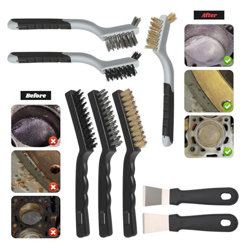 Image of VASTOOLS 8 Pack Wire Brush & Scraper Set, 7 inch+9 inch Brass /Stainless Steel /Nylon Brushes with Stiff Putty Knives for Rust, Paint, Grease Removal, Metal, Tile, Concrete & Household Cleaning