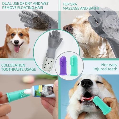 ROBATUN Luvas de banho para cães, escova de dentes, conjunto de chuveiro 2 em 1, luvas de banho para