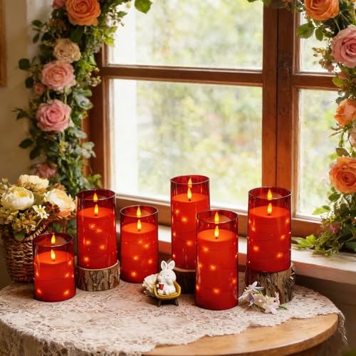 Image of kakoya Flameless LED Candles with Timer 12 Pc Flickering Flameless Candles for Romantic Ambiance and Home Decoration Stable Acrylic Shell,with Embedded Star String,Battery Operated Candles(Red)