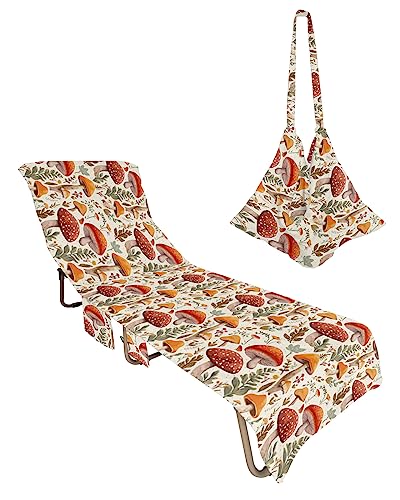 Mushroom Boho, Beach Lounge Chair Towel Cover, Soft Chaise Lounge Towel with Side Pockets Patio Pool Chairs Cover for Beach/Pool Sunbathing 29x85 Vintage Fall Leaves Flowers Thanksgiving