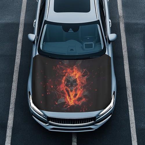 Image of Car Hood Cover Protector,Dust-Proof Soft Comfortable Print Hood Covers for Cars,Decoration Universal Car Accessories Wolf Fire Print