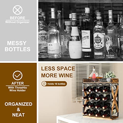 Threehio Wood Countertop Wine Rack, 16 Bottle Wine Bottle Holders Stands Freestanding Wine Storage Racks With Tray, 4 Tiers Tabletop Wine Holder For Kitchen Counter Tops, Pantry #TOP2