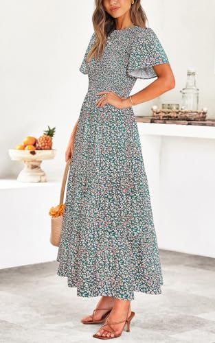 Image of PRETTYGARDEN Women's 2026 Summer Casual Flutter Short Sleeve Boho Floral Maxi Dress Crew Neck Smocked Tiered Long Dresses