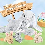 MorisMos Grau Kaninchen Hase Kuscheltier XXL, 60cm Riesen hase Plüschtier mit 3 Baby im Bauch, Groß Kaninchen XXL Stofftier Weich Spielzeug, Ostern Geburtstag Weihnachten Geschenk für Kinder