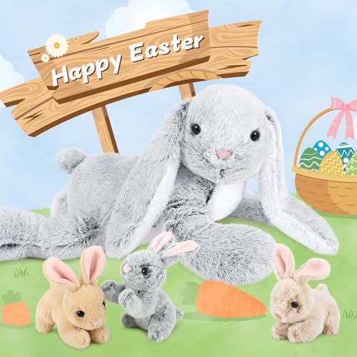 MorisMos Grau Kaninchen Hase Kuscheltier XXL, 60cm Riesen hase Plüschtier mit 3 Baby im Bauch, Groß Kaninchen XXL Stofftier Weich Spielzeug, Ostern Geburtstag Weihnachten Geschenk für Kinder