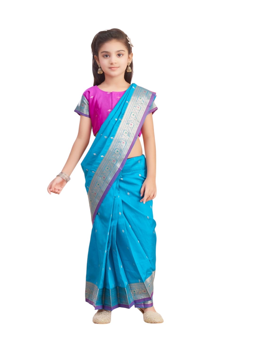 Aarika Girls Ethnic Wear Green-Rani Colour Zari Silk Saree