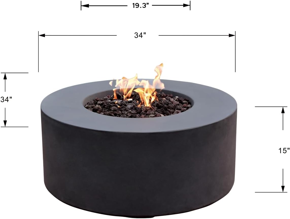 Venice Fire Table Outdoor Fire Pit 34" x 34" Cast Concrete Round Firepit Includes Lava Rocks 45,000 BTUs Outdoor Fireplace for Patio Furniture Set, Deck, Porch, Outdoor Heater - Liquid Propane