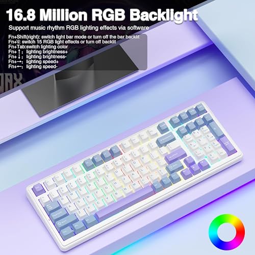 Image of AULA F99 Mechanical Keyboard | Tri-Mode BT5.0 /2.4GHz /USB-C Hot Swappable | Pre-lubed Linear Switches, Gasket Structure | RGB Gaming Keyboard (Blue+White, Crescent Switch)