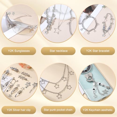 Y2k Accessories Set Included Star Y2k Silver Necklace Grunge Layered Necklace Y2K Sunglasses Star Hair Clip Y2k Silver Hair Clips Keychain Hip Hop Pants Chain Vintage Jewelry Set for Women2