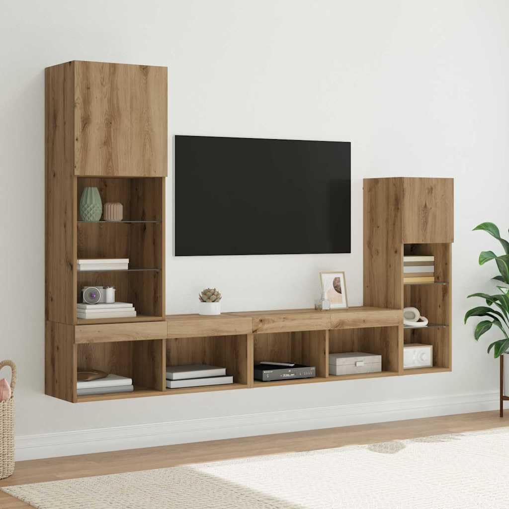 TV-Wandgeräte Wandmontiert 4-TLG Artisan-Eiche Holzwerkstoff mit LED-Beleuchtung 13 Regale 2 Türen Stauraum-Schrank Wohnzimmer Regal-Set Modern Media Center