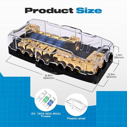 Image of KMH Universal Fuse Power Distribution Block with Ground Pure Copper | 4 Way AWG Gauge Audio Splitter with 60A Mini ANL Fuse Holder | Car Accessories High Strength Safe Audio Boat Auto Stereo Amplifier