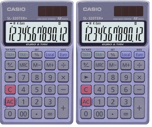 Casio Taschenrechner SL-320TER+, 12-stellig, Steuerberechnung, Währungsumrechnung, Solar-/Batteriebetrieb, blau (Packung mit 2)
