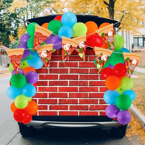 RoundFunny 93pcs Halloween Ninja Themed Trunk or Treat Car Decorations Party and Pizza Balloons Kit Garland Cutout Banners 3*5ft Brick Backdrop for Halloween Cartoon Party Supplies