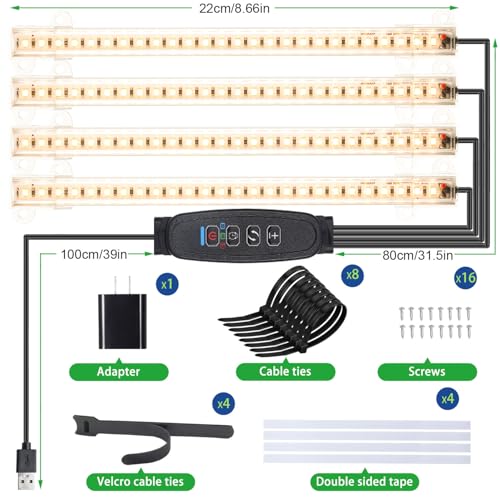 Image of 8.6 Inches LED Grow Light Strips, Grow Lights for Indoor Plants Full Spectrum 3500K, 104 LEDs Plant Light with 10 Dimmable Levels, 3 /9 /12H Timer for Seedling Succulent and Plant Shelf, 4 Head 1 Pack