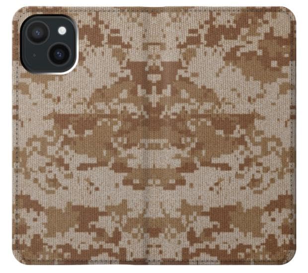 Housse iPhone 15 cuir camouflage protégeant l'écran contre les rayures