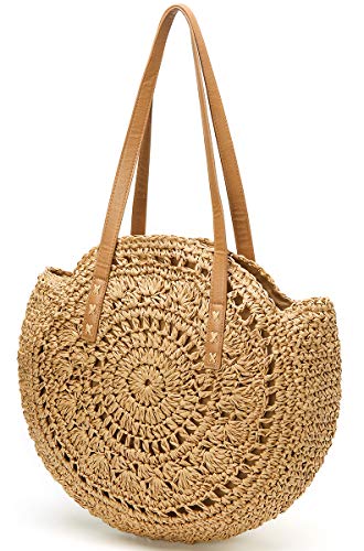 Straw Bag Round Summer Straw Large Woven Beach Bag Purse For Women Vocation Tote Handbags With Pom Poms - Image 4