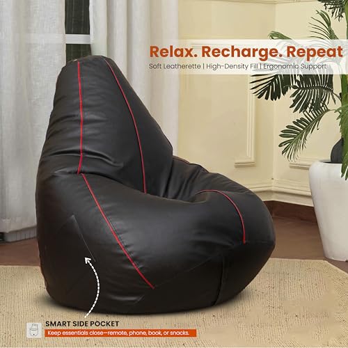 Image of Sattva Classic Piping XXXL Bean Bag with Pocket Filled with Beans | Faux Leather Teardrop Bean Bag for Adults & Teens | Pre-Filled Comfortable Seating for Home, Living Room - Black with Red Piping