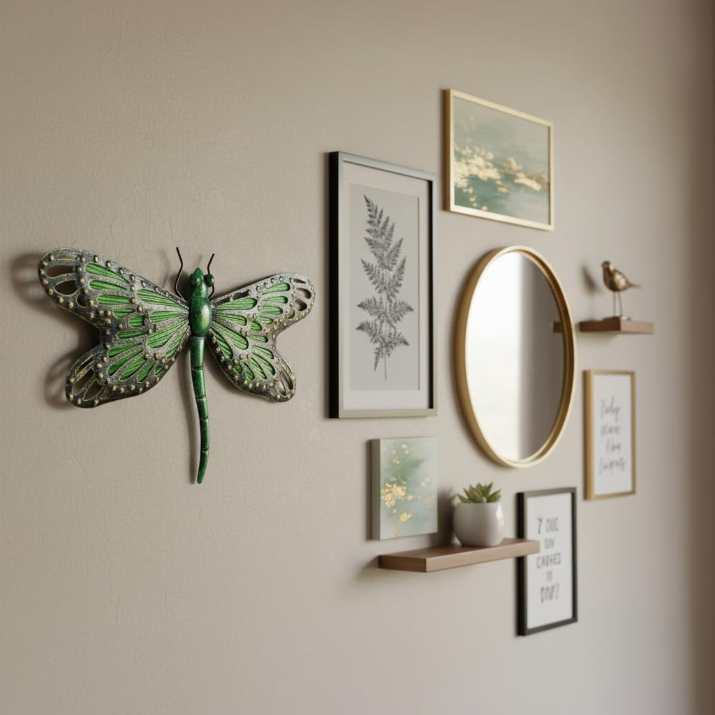Comfy Hour 12" Decorative Metal Dragonfly Wall Decor, Green 3D Nature Inspired Sculpture for Garden & Patio, Artisan Crafted Iron Outdoor Hanging Accent, 1 Unit