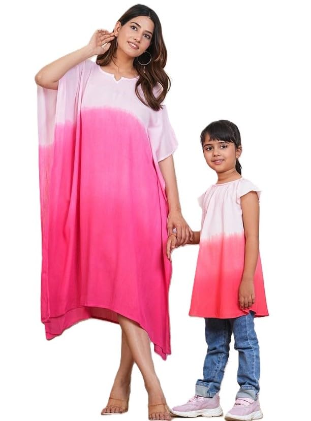 Image of Maaesa Women & Girls Mother Daughter Matching Kaftan Combo || Crepe Rayon Tie-Dyed Kaftan || Casual Wear || Family Twinning Outfit