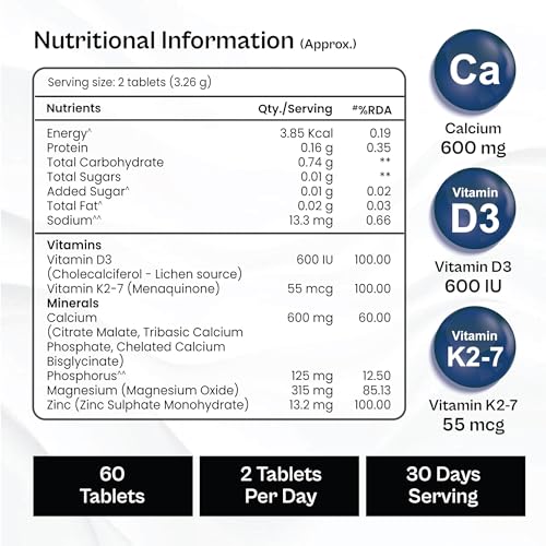 Image of Tata 1mg Triple Calcium Tablets 60N | 600 mg Elemental Calcium | With Magnesium, Zinc, Vitamin D3 (600 IU) & Vitamin K2-7 (MK-7) | Bone Health Supplement for Adults | 30 Day Supply