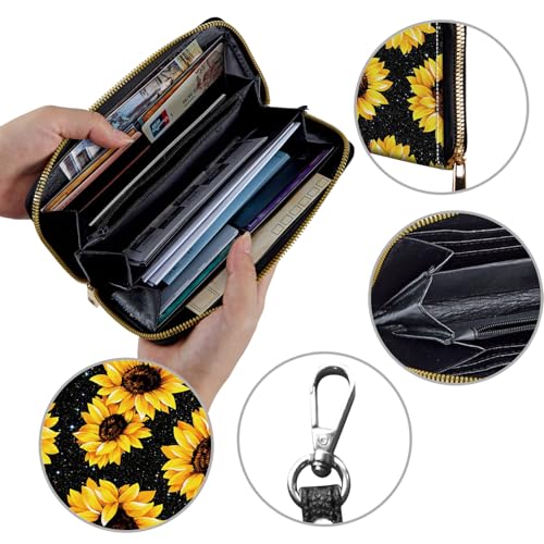 Image of Women's Wallets,Credit Card Holder Money Leather Long Wallet with Wristlet,Large Capacity with Zip-Around Phone Purse for Women Ladies Girls,Glitter Sunflower