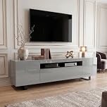 Blisswood High Gloss TV Unit, 180cm Large TV Stand Cabinet for 55–85 Inch TVs, Wooden TV Unit with Storage Cabinets & Open Shelves, Media Console Entertainment Centre Table for Living Room, Grey
