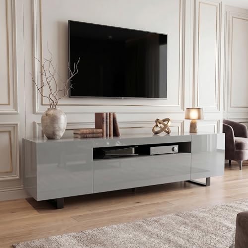 Blisswood High Gloss TV Unit 180cm Large TV Stand Cabinet for 5585 Inch TVs Wooden TV Unit with Storage Cabinets & Open Shelves Media Console Entertainment Centre Table for Living Room Grey