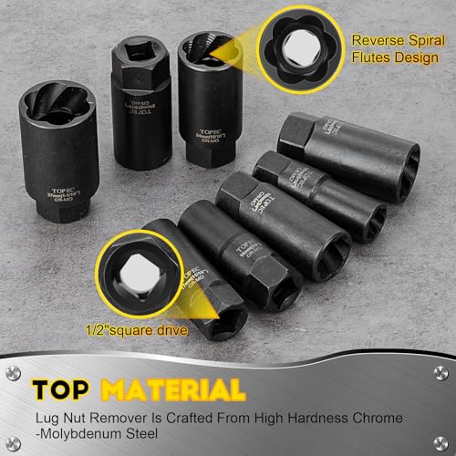Image of TOPEC 10PCS Deep Lug Nut Remover Heavy Duty, 1 /2 inch Drive Impact Wheel Lock Removal Kit, Spiral Type Lug Nut Removal Tool for Removing Stripped, Broken, Damaged, Rounded Bolts, Nuts & Screws