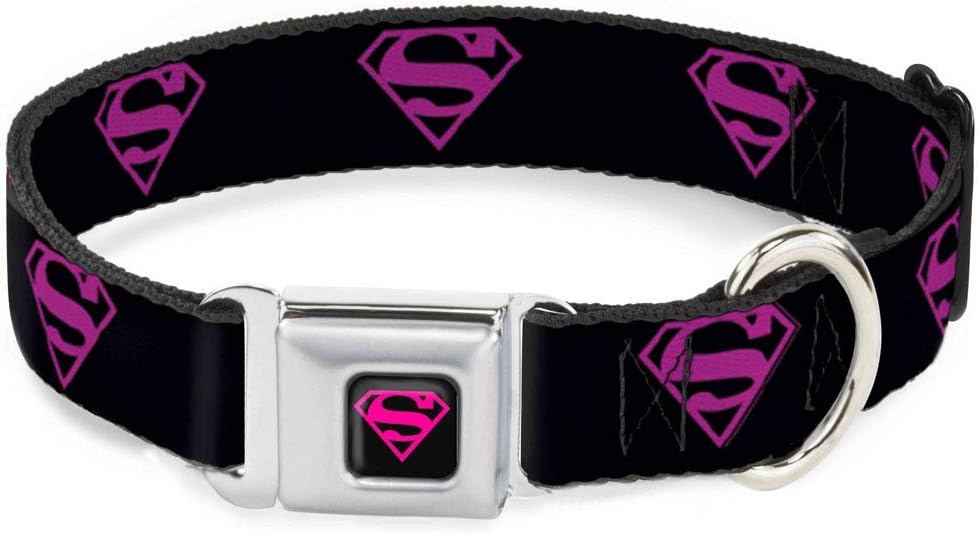 Buckle-Down Dog Collar Seatbelt Buckle Superman Shield Black Hot Pink, Multicolor, 1" Wide - Fits 9-15" Neck - Small (DC-WSG016-S)