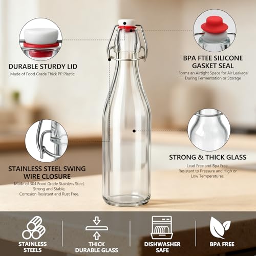 Image of Ruckae 8 Pack 16oz Swing Top Glass Bottles with Air Tight Lids Kombucha Coquito Flip Top Glass Bottle Kefir Syrup Vanilla Extract Beer Brewing Bottles for Gift (16 oz 8 pack)