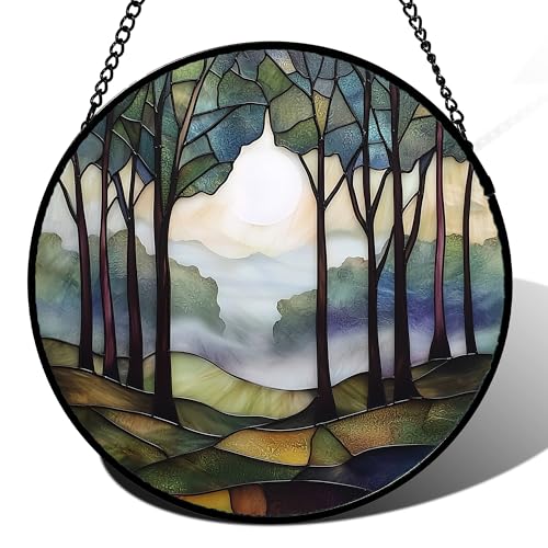 Image of DASTOLL Stained Glass Window Hanging, Green Brown Smoke Forest Moon Suncatcher for Doors Window Home Tree Sun Catchers Decor Mother's Day Birthday Gifts for Women, Men Mom 9.8 in