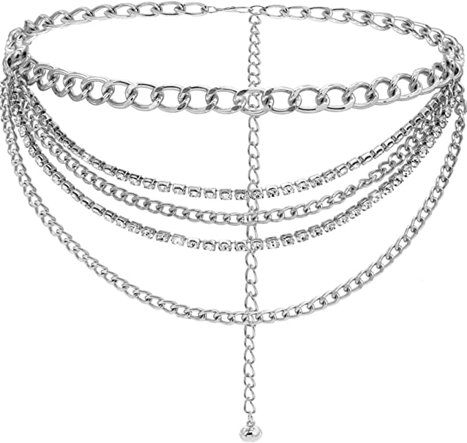 Zookey Boho Rhinestone Waist Chain Silver Layered Body Chain Belt Rave Waist Chain Summer Beach