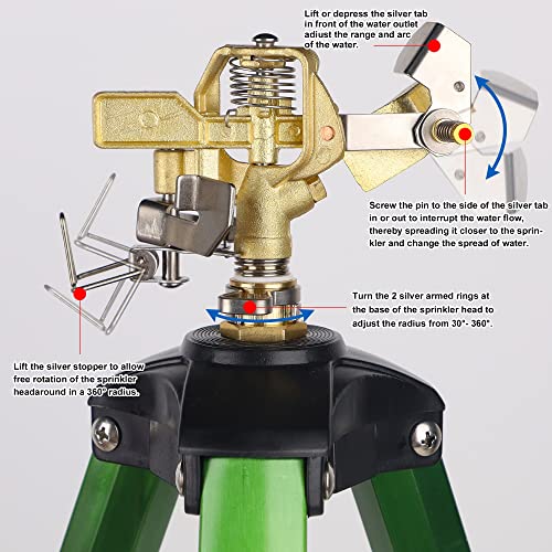 Biswing Impact Sprinkler Head On Tripod Base, Extends Up To 50 Inch Heavy Duty Lawn Sprinkler, 360 Degree Large Area Irrigation, Adjustable Coverage Brass Nozzle Alloy Metal Tower Sprinkler, 1 Pack #TOP2
