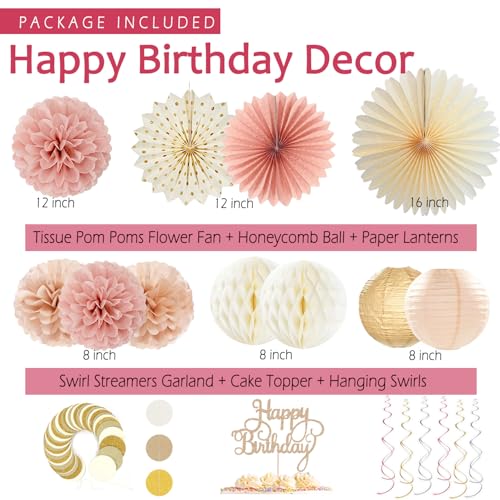 Image of Boho-Pink Birthday Decorations, Happy Banner, Women Paper Lanterns Honeycomb, One Sweet Peach Streamers Garland, Retro Blush Pink Beige Metallic Gold Balloon for Birthdays Party Decor