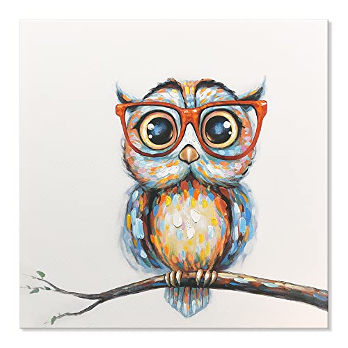 JAPO ART Mrs Owl Wall Art Funny Animal with Glasses Painting Colorful Animal Canvas Wall Art for Kids Children Bedroom Nursery Room Home Decoration Ready to Hang 24x24 Inch