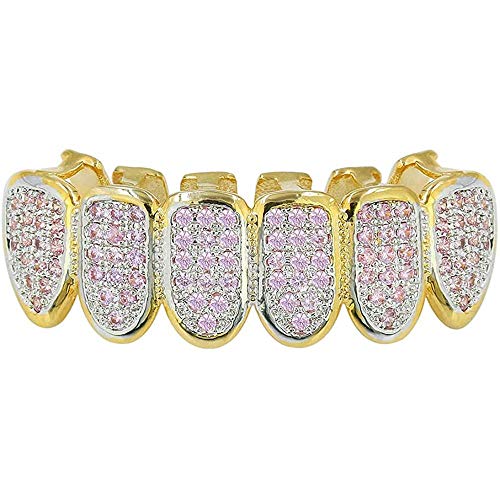 canjoyn 18K Gold Plated All Iced Out Pink CZ Teeth Grillz for Women with Extra Molding Bars